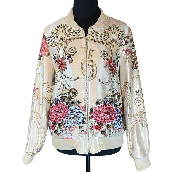 OO LALA Satin Floral Embroidered Bomber Jacket Beaded Medium Statement - Picture 2 of 10
